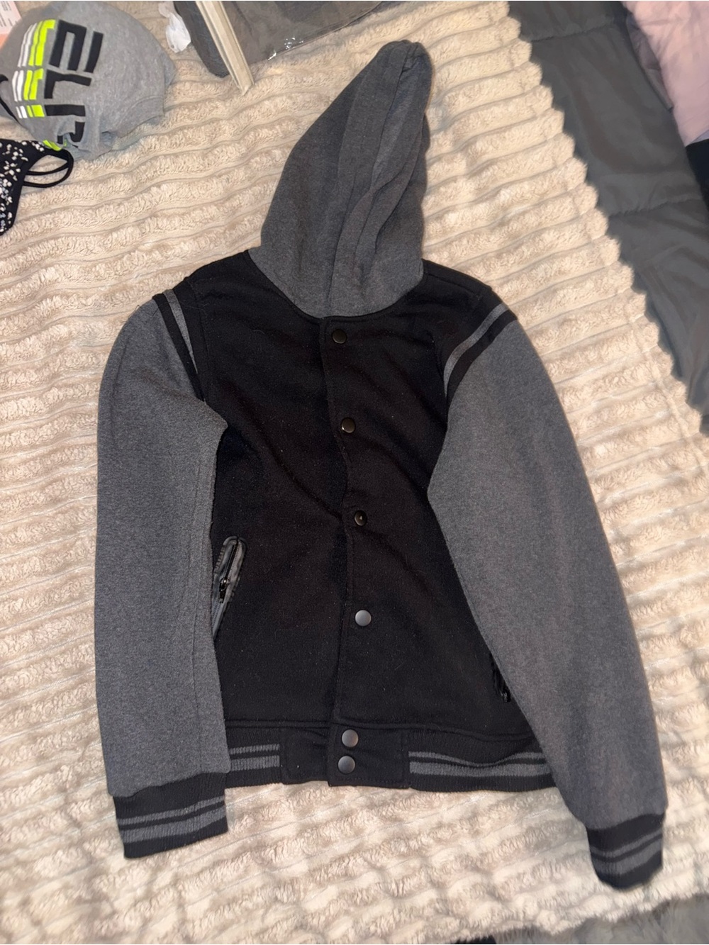 Ring of Fire Black and Gray Hooded Varsity Jacket Sweater